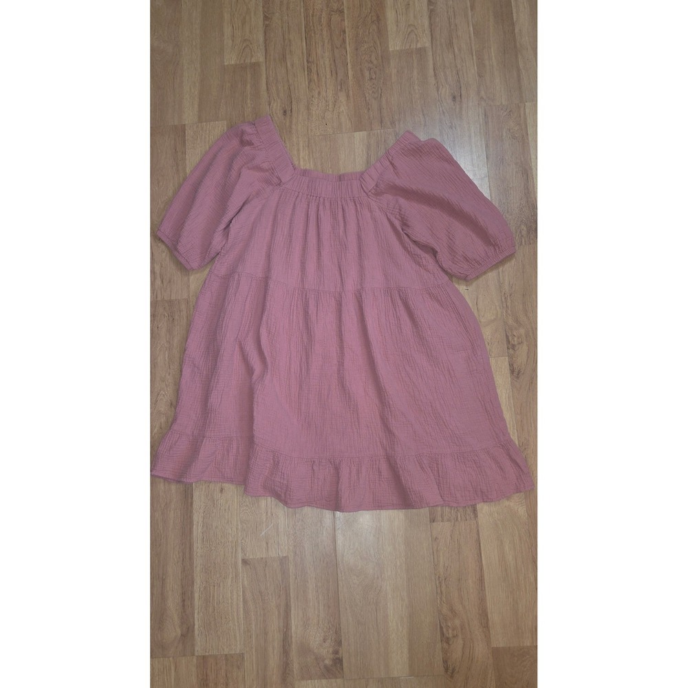 Wonderly Pink Gauze Tiered Babydoll Mini Dress Short Puff Sleeve Size M